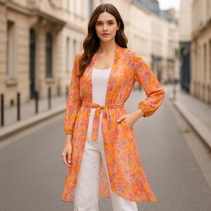 Colleen Lopez Floral Sheer Chiffon Duster High Low Hem Belted Kimono Oversized S